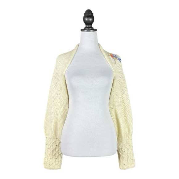 Anthropologie Sleeping on Snow Cream Bird Embroidered Knit Shrug Sweater M/L - Picture 2 of 9